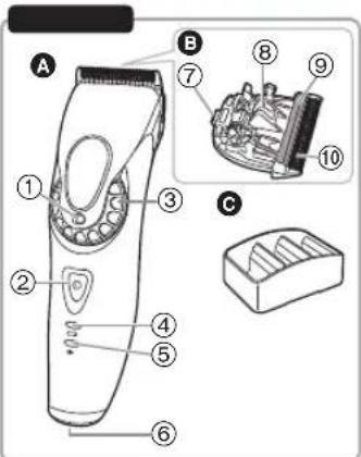 Technical diagram of a hairbrush with labeled parts and exploded view showing internal components