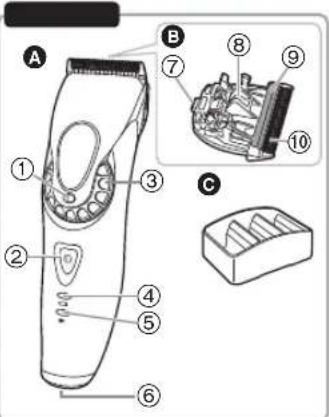 Technical diagram of a hairbrush with labeled parts and exploded view, showing internal components and part numbers.
