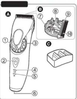 Technical diagram of a hairbrush with labeled parts and exploded view of internal components