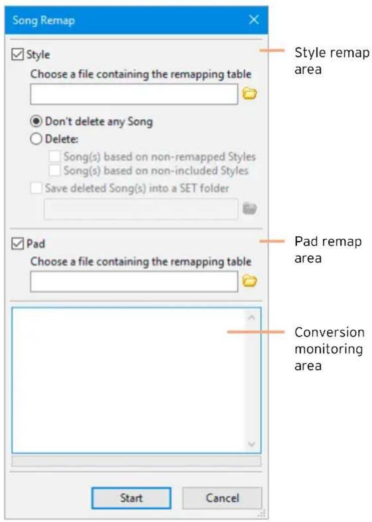 Song Remap Style Choose a file containing the remapping table Don't delete any Song Delete: Song(s) based on non-remapped Styles Song(s) based on non-included Styles Save deleted Song(s) into a SET folder Pad Choose a file containing the remapping table Start Cancel Style remap area Pad remap area Conversion monitoring area