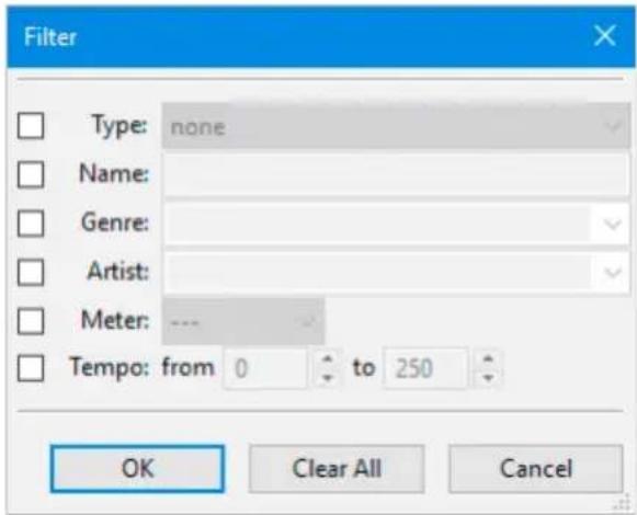 Filter Type: none Name: Genre: Artist: Meter: --- Tempo: from 0 to 250 OK Clear All Cancel