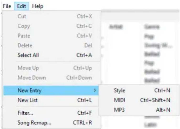 File Edit Help Cut Ctrl+X Copy Ctrl+C Paste Ctrl+V Delete Del Select All Ctrl+A Move Up Ctrl+Up Move Down Ctrl+Down New Entry > Style Ctrl+N New List Ctrl+L MIDI Ctrl+Shift+N Filter... Ctrl+F MP3 Alt+N Song Remap... CTRL+R