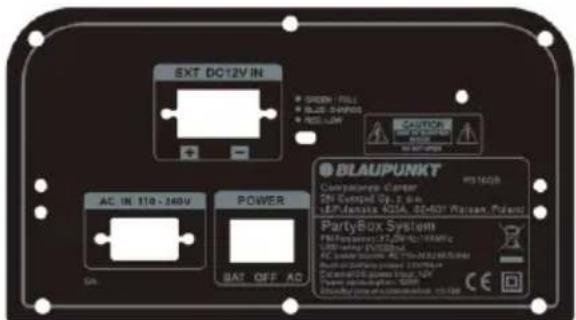 EXT DC12V IN ● GREEN ● FILL ● BLUE ● SHAPPO ● RED ● LWP CAUTION POWER AC IN 110 - 340V BAT OFF AC BILAUPUNKT Compactscape Career 5% Control Up. 6 min 12Pension 40mA 60-607 Power Potency PartyBox System FM Transcay 37, DIP No: 100M AC power output: AC DC12V/DC12W Control DC power input: 100kΩ Thermal power output: 100kΩ Control power output: 100kΩ