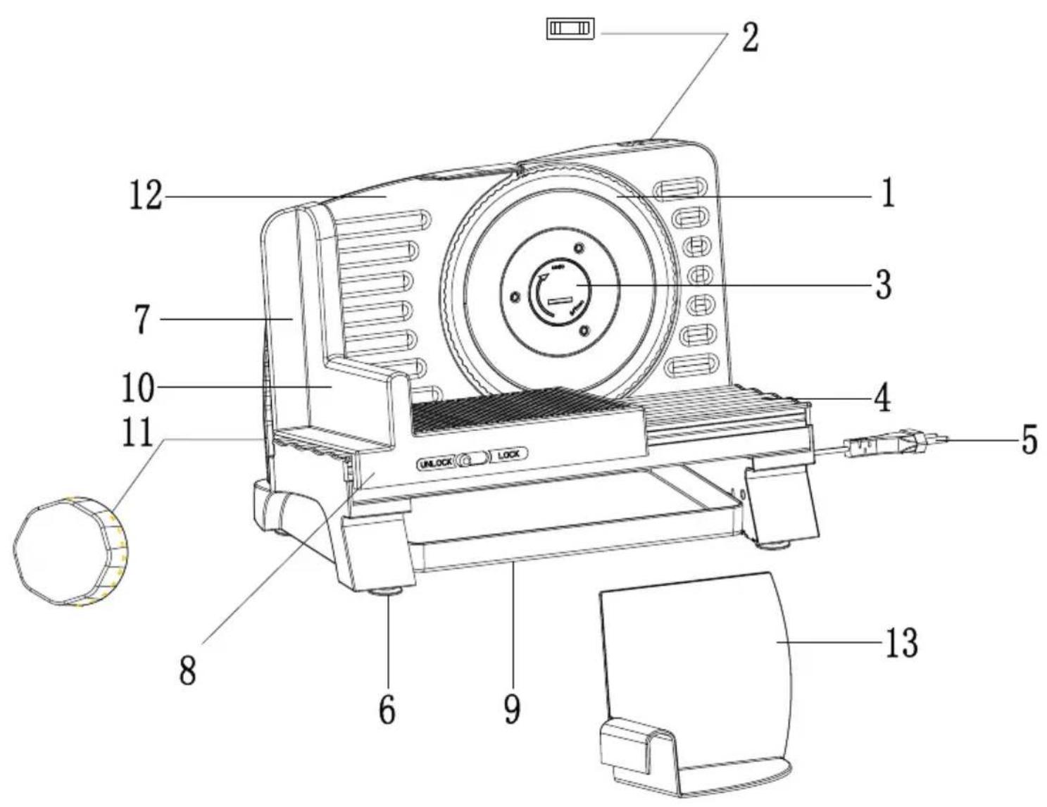 Technical diagram of a device with numbered parts labeled for identification and assembly reference.