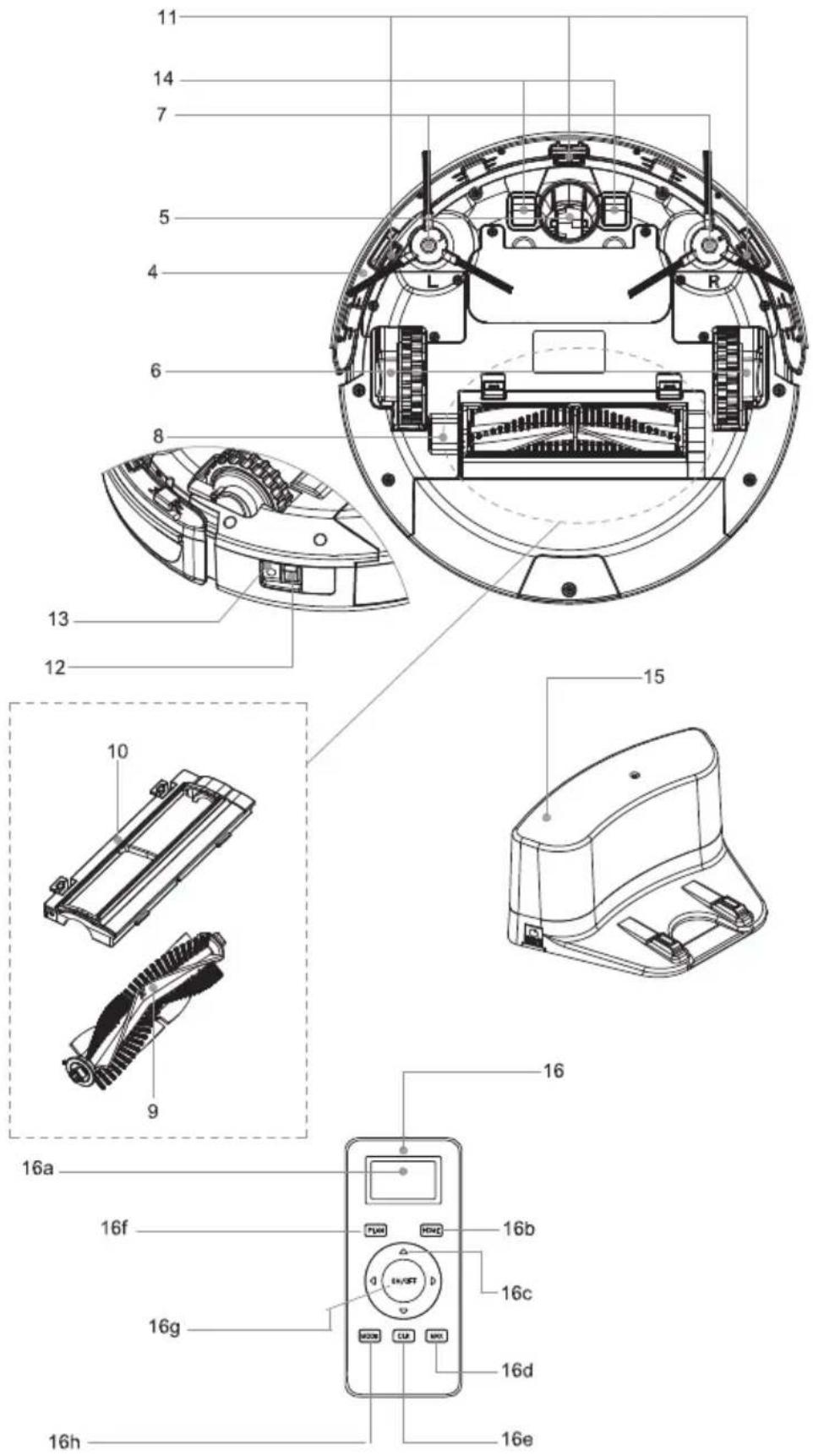 Technical diagram of a remote control device with numbered parts and labeled functions such as L, R, 16a–16e.