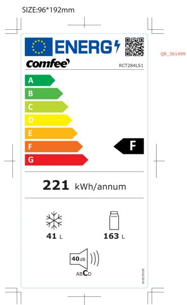 SIZE:96*192mm ENERG® Comfee® RCT284LS1 A B C D E F G 221 kWh/annum 41 L 163 L 40 dB ABCD QR_361499 STOCK:512327