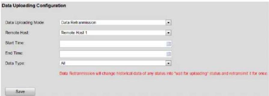 Data Uploading Configuration Data Uploading Mode: Data Retransmission Remote Host: Remote Host 1 Start Time: End Time: Data Type: All Data Retransmission will change historical data of any status into "wait for uploading" status and retransmit if for once Save