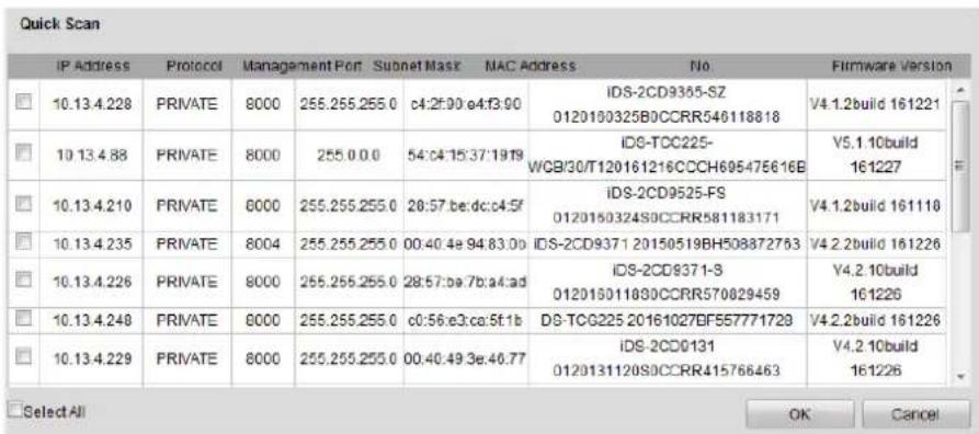 Quick Scan IP Address Protocol Management Port Subnet Mask MAC Address No Firmware Version 10.13.4.228 PRIVATE 8000 255.255.255.0 c4:2f:00:e4:f3:00 IDS-2CD9355-SZ 0120100325B0CCRR546118818 V4.1.2build 161221 10.13.4.88 PRIVATE 8000 255.0.0.0 54:c4:15:37:19:19 IDS-TCC225- WGB/30/T120161216CCH695475616B V5.1.10build 161227 10.13.4.210 PRIVATE 8000 255.255.255.0 28:57:be:dc:c4:5f IDS-2CD9525-FS 0120150324S0CCRR581183171 V4.1.2build 161118 10.13.4.235 PRIVATE 8004 255.255.255.0 00:40:4e 94:83:00 IDS-2CD9371 20150519BH508372763 V4.2.2build 161226 10.13.4.226 PRIVATE 8000 255.255.255.0 28:57:be:7b:a4:ad IDS-2CD9371-3 0120160118B0CCRR570829459 V4.2.10build 161226 10.13.4.248 PRIVATE 8000 255.255.255.0 c0:56:e3:ca:5f:1b DS-TCG225 20161027BF57771729 V4.2.2build 161226 10.13.4.229 PRIVATE 8000 255.255.255.0 00:40:49:3e:46:77 IDS-2CD9131 0120131120S0CCRR415766463 V4.2.10build 161226 Select All OK Cancel