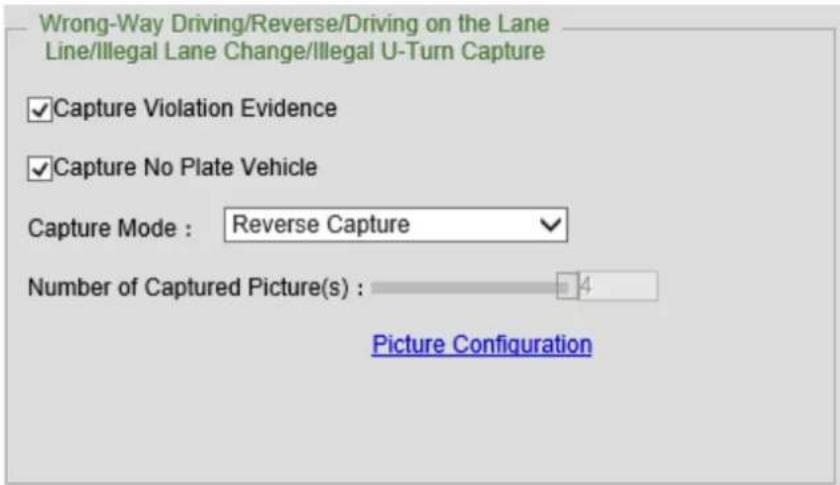 Wrong-Way Driving/Reverse/Driving on the Lane Line/Illegal Lane Change/Illegal U-Turn Capture ✓ Capture Violation Evidence ✓ Capture No Plate Vehicle Capture Mode : Reverse Capture ✓ Number of Captured Picture(s) : 4 Picture Configuration