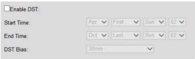 Enable DST: Start Time: Apr First Sun 02 End Time: Oct Last Sun 02 DST Bias: 30min