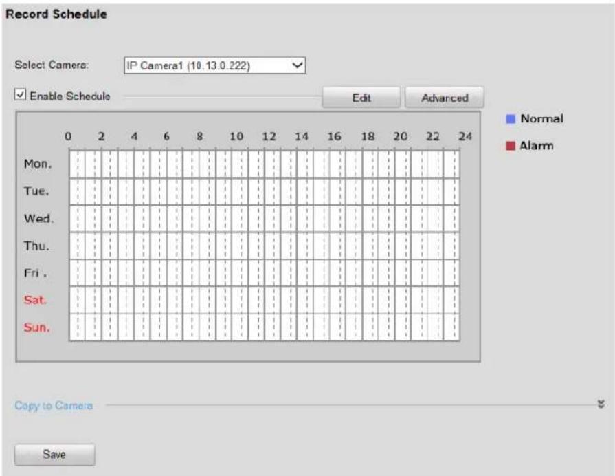 Record Schedule Select Camera: IP Camera1 (10.13.0.222) Enable Schedule Edit Advanced Mon. Tue. Wed. Thu. Fri. Sat. Sun. Normal Alarm Copy to Camera Save