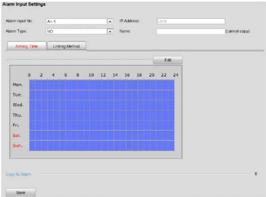 Alarm Input Settings Alarm Input No: A<-1 IP Address: LOC8 Alarm Type: NO Name: (cannot copy) Arming Time Linking Method Edit Mon. Tue. Wed. Thu. Fri. Sat. Sun. Copy to Alarm Save