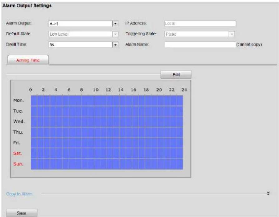 Alarm Output Settings Alarm Output: A->1 IP Address: Local Default State: Low Level Triggering State: Pulse Dwell Time: 5s Alarm Name: (cannot copy) Arming Time Edit Mon. Tue. Wed. Thu. Fri. Sat. Sun. Copy to Alarm Save