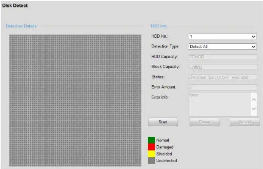 Disk Detect Detection Details HDD Info HDD No.: 1 Detection Type: Detect All HDD Capacity: 2794GB Block Capacity: 500MB Status: Detection has not been executed Error Amount: 0 Error Info: None Start Pause Cancel Normal Damaged Shielded Undetected