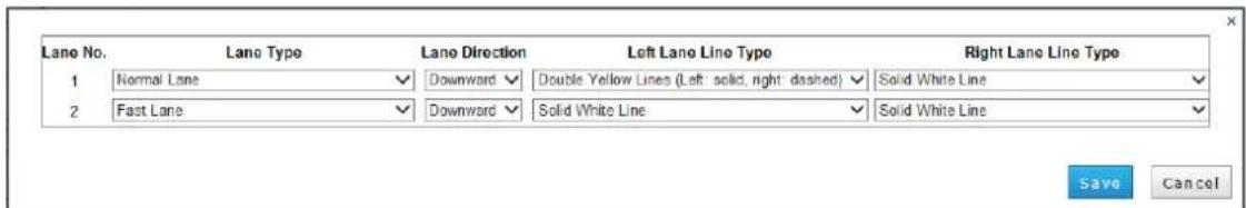 Lane No. Lane Type Lane Direction Left Lane Line Type Right Lane Line Type 1 Normal Lane Downward Double Yellow Lines (Left: solid, right: dashed) Solid White Line 2 Fast Lane Downward Solid White Line Solid White Line Save Cancel