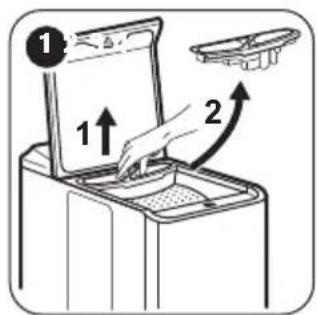Diagram showing a hand placing a trash bin into a labeled container with two arrows indicating rotation or movement.