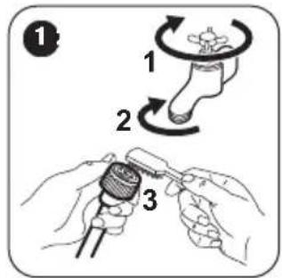 Diagram illustrating three-step robotic manipulation: step 1 shows a hand holding a small object with rotating motion, steps 2 shows the same hand moving to a device, and step 3 shows hands holding a tool.