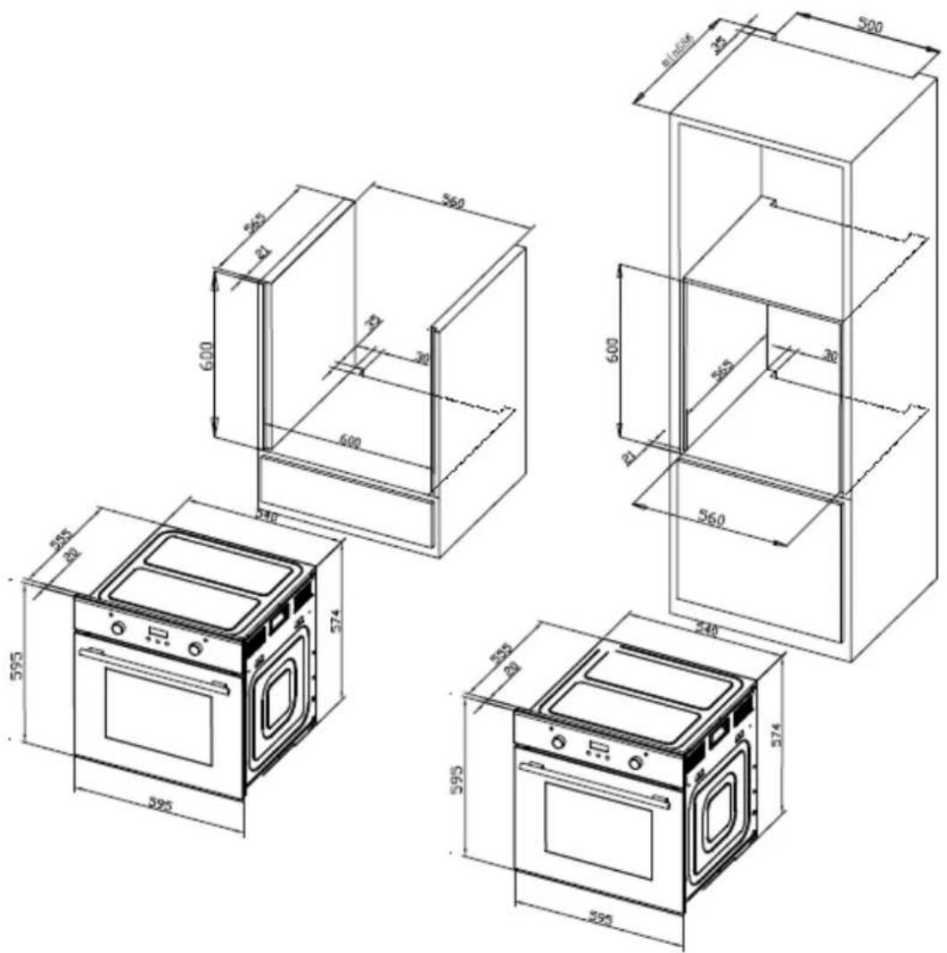 Technical drawing of an oven with four isometric views and dimension annotations in millimeters.
