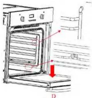 Technical diagram of an oven with labeled parts and a red arrow indicating direction, marked as 'D'