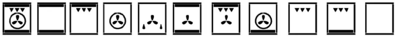 Sequence of ten black-and-white icons representing industrial or environmental symbols, including leaf, plug, and plant symbols.