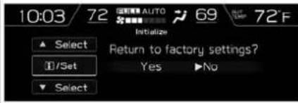 10:03 72 69 72F Initialize ▲ Select Return to factory settings? I/Set Yes ▶No ▼ Select