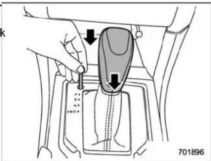 Diagram showing car gear shift mechanism with labeled parts and directional arrows