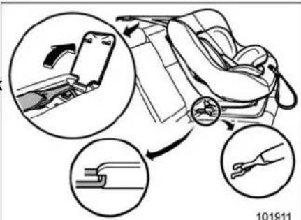Diagram illustrating car seatbelt usage with magnified insets showing mechanical components and a numbered label '101911'