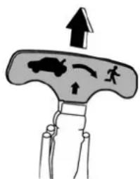 Diagram showing a hand holding a device with directional arrows and labeled parts, including a car silhouette and human figures.