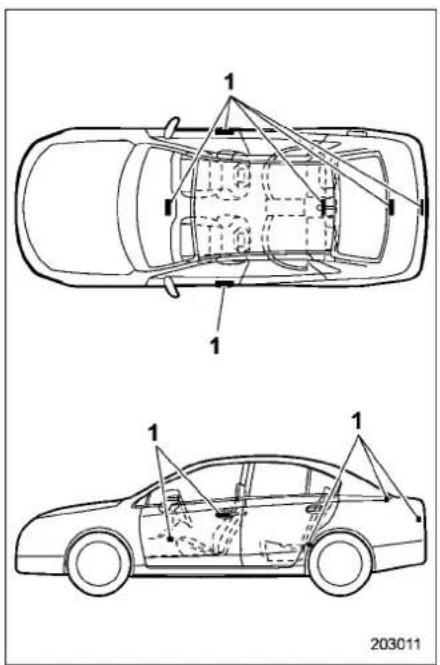 Technical diagram of a car showing cross-sectional and side views with numbered components