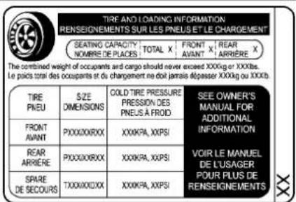 TIRE AND LOADING INFORMATION RENSEIGNEMENTS SUR LES PNEUS ET LE CHARGEMENT SEATING CAPACITY TOTAL X FRONT X REAR X NOMBRE DE PLACES AVANT ARRIERE The combined weight of occupants and cargo should never exceed XXXKg or XXXlbs. Le pays total des occupants et du chargement ne doit jamais dépasser XXXKg ou XXXlbs. TIRE PNEU SIZE COLD-TIRE PRESSURE SEE OWNER'S DIMENSIONS PRESSURE DES MANUAL FOR AVANT ADDITIONAL INFORMATION FRONT XXIXPA, XXPSI REAR XXIXPA, XXPSI ARRIERE PXXXXXXX XXIXPA, XXPSI SPARE XXIXPA, XXPSI DE SECOURS DE L'USAGER POUR PLUS DE RENSEIGNEMENTS