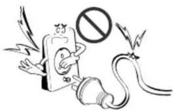 Cartoon illustration showing a phone emitting a 'no' symbol while another plug is lit by flames, symbolizing the absence of a device.