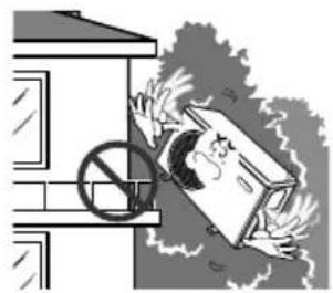Cartoon illustration showing a person falling off a building with a 'no' symbol, while another person is standing behind.