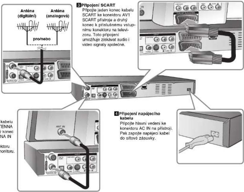 Anténa (digitální) Anténa (analogová) pro/nebo 3 Přípojení SCART Přípojte jeden konec kabelu SCART ke konektoru AV1 SCART přístroje a druhý konec k příslušněmu vstup- nímu konektoru na televi- zoru. Toto připojení umožňuje ziskávat audio i video signály společné. 4 Přípojení napájecího kabelu kabelu ENNA konec NA IN aktoru monitoru. Přípojte hlavní vedení ke konektoru AC IN na přístroji. Pak zapojte napájecí kabel do sitové zásuvky.