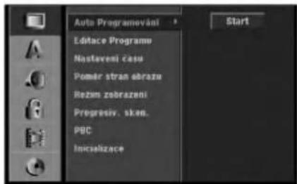 Auto Programování Editace Programu Nastaveni case Pomir stran obraze Rezim zobrazeni Progresiv. skan. PBC Inicializace