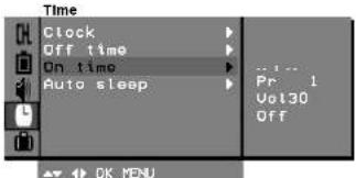 Time Clock Off time On time Auto sleep Pr 1 Vol30 Off OK MENU
