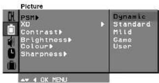 Picture PSM▶ XO Contrast▶ Brightness▶ Colour▶ Sharpness▶ Dynamic Standard Mild Game User OK MENU