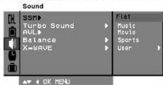 Sound SSM▶ Turbo Sound AUL▶ Balance X-WAVE Flat Music Movie Sports User OK MENU