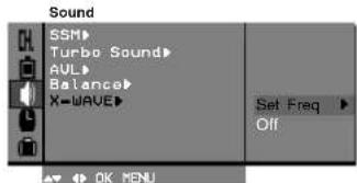 Sound SSM Turbo Sound AUL Balance X-WAVE Set Freq Off OK MENU