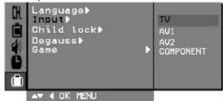 Language Input Child lock Degauss Game TV AV1 AV2 COMPONENT OK MENU