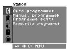 Station Auto programme> Manual programme> Programme edit> Favourite programme> OK MENU