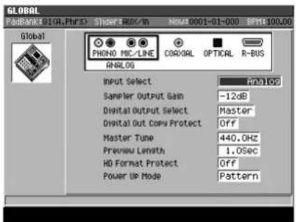 GLOBAL PudBank10104.Phr5 Slider -MIO/m HOM:0001-01-000 RPM:100.00 Global PHONO MIC/LINE CORDIAL OPTICAL R-BUS ANBLOG Input Select AnBLOG Sampler Output Gain -12dB Digital Output Select Master Digital Out Copy Protect Off Master Tune 440,0Hz Preview Length 1.0Sec HD Format Protect Off Power UP Mode Pattern