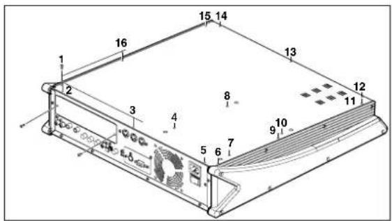 Technical diagram of a device rear panel with numbered components and ventilation slots