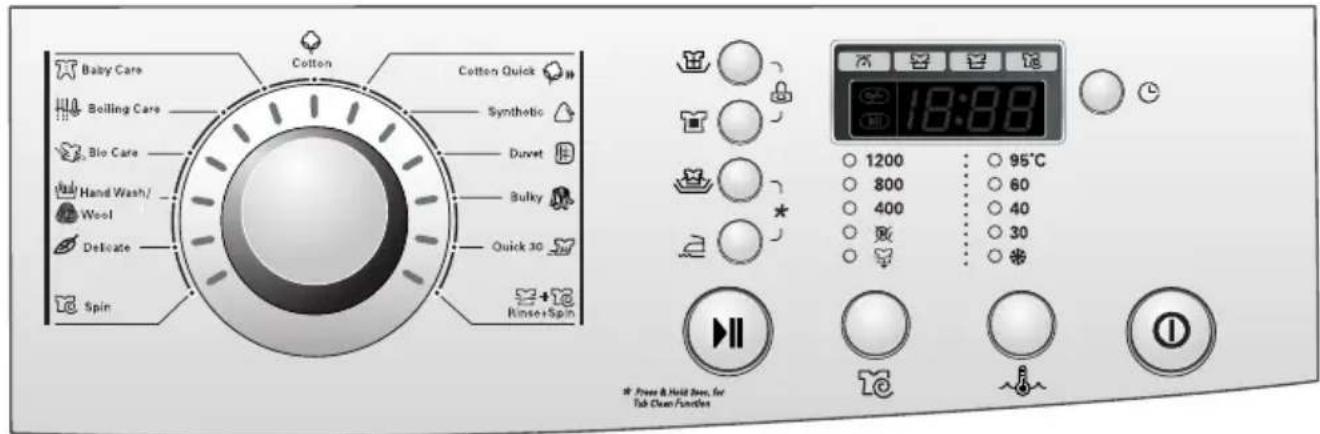 Baby Care Boiling Care Bio Care Hand Wash/ Wool Delicate Spin Cotton Cotton Quick Synthetic Duvet Bulky Quick 30 Rinser+Spin 18:88 1200 800 400 30 95°C 60 40 30 * Press & Hold Des, for Tab Clean Functions
