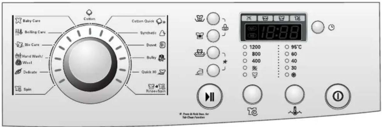 Baby Care Boiling Care Bio Care Hand Wash/ Wool Delocate Spin Cotton Cotton Quick Synthetic Duvet Bulky Quick 30 Rinse+Spin 18:00 1200 800 400 30 95°C 60 40 30 Press & Hold Box, for Tab Clean Function