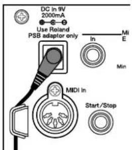 DC In 9V 2000mA Use Roland PSB adaptor only In Mi E Min MIDI In Start/Stop