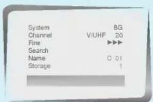 System BG Channel V/UHF 20 Fine ▶▶▶ Search Name C 01 Storage 1