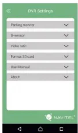 DVR Settings Parking monitor G-sensor Video ratio Format SD card User Manual About