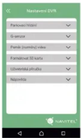 Nastavení DVR Parkoveči hřidní G-senzor Půměr (ruzměny) vdesa Formátovat SD kartu Užvateľská přinučka Nápověda