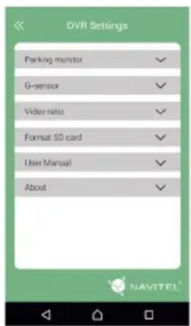 DVR Settings Parking monitor G-sensor Video ratio Format SD card User Manual About