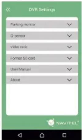DVR Settings Parking monitor G-sensor Video ratio Format SD card User Manual About